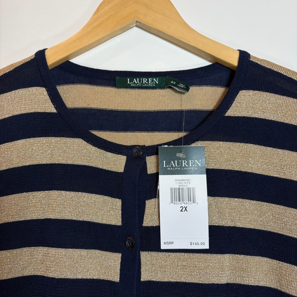 Lauren Ralph Lauren Women 2X Cardigan Navy Gold Metallic Stripe Knit Sweater NWT - Picture 4 of 13